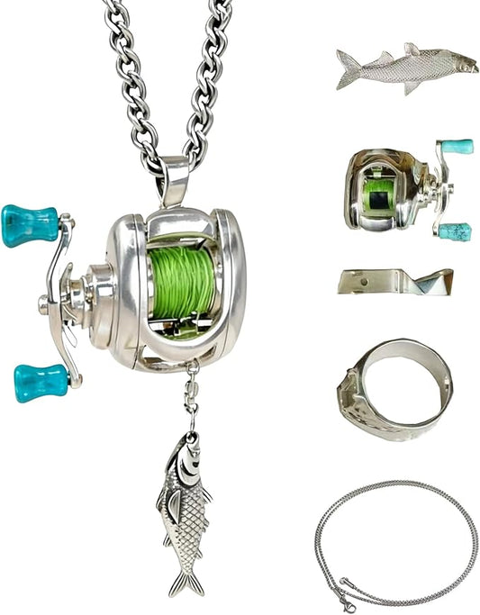 Mini fishing🐟 reel reel pendant necklace ring set with rotating rocker🔥 arm – a decorative item and gift🎁 for fishing enthusiasts.